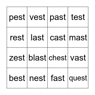 Ending Consonant Cluster: -est and -ast Bingo Card