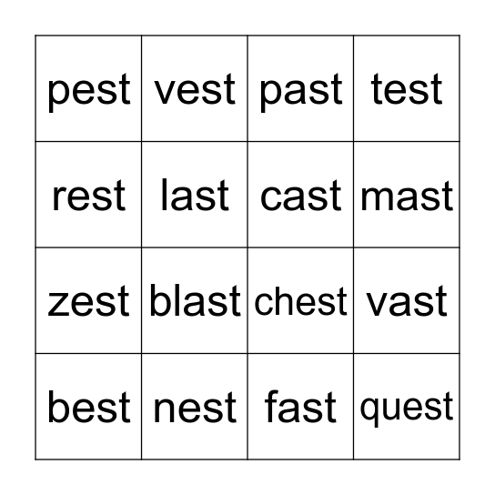 Ending Consonant Cluster: -est and -ast Bingo Card