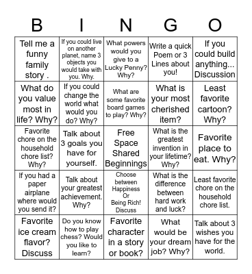 Shared Beginnings Bingo Card
