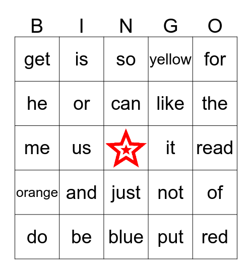 Sight Word Bingo Card