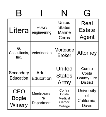 College and Career Fair Bingo Card