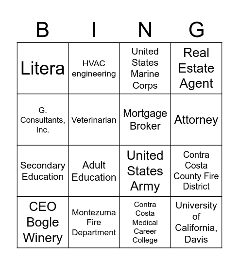 College and Career Fair Bingo Card