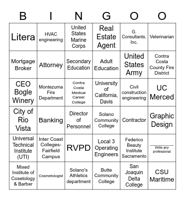 College and Career Fair Bingo Card