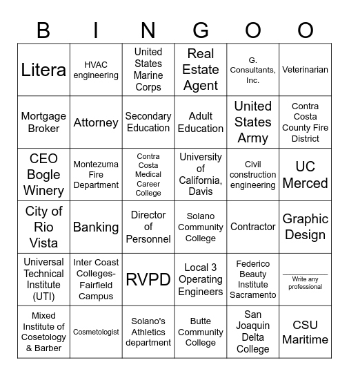 College and Career Fair Bingo Card