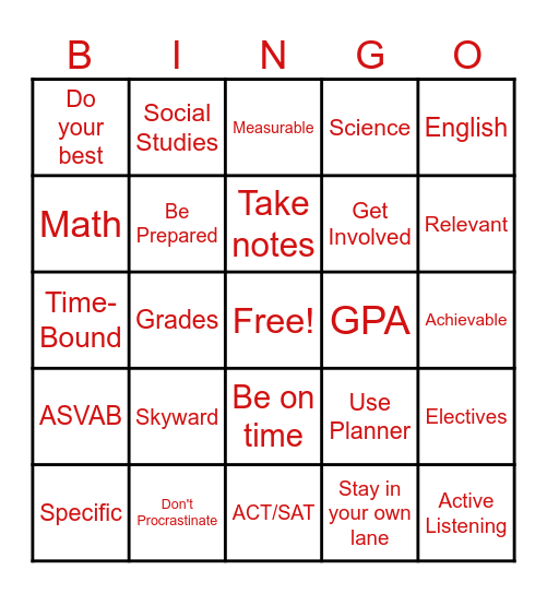 Academic Success Bingo Card