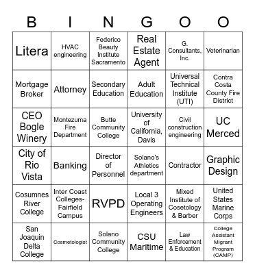 College and Career Fair Bingo Card
