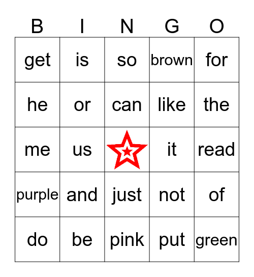 Sight Word Bingo Card