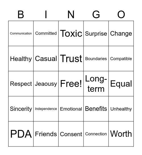 Relationship Bingo Card