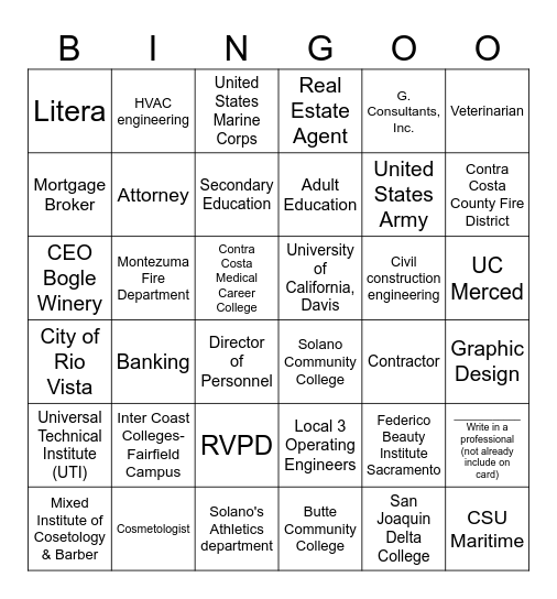 College and Career Fair Bingo Card