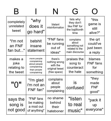 "QRTs On an FNF Tweet That Left The Target Audience" Bingo Card