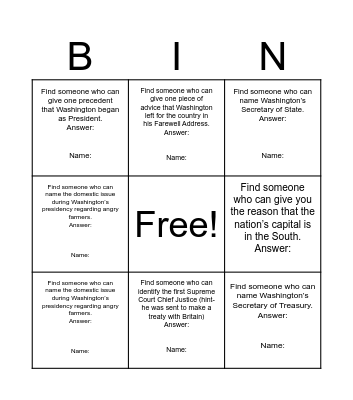 Washington Review Bingo Card