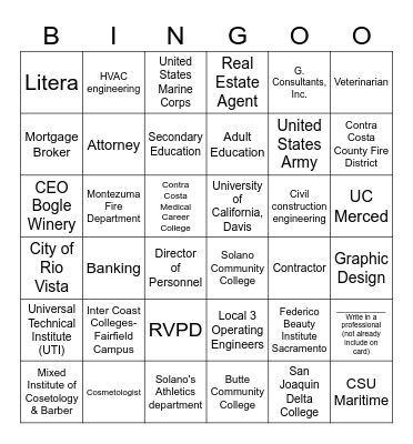 College and Career Fair Bingo Card