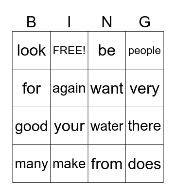 Words Bingo Card