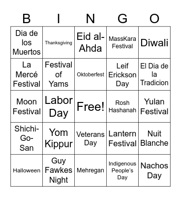 Fall Holidays and Festivals Bingo Card