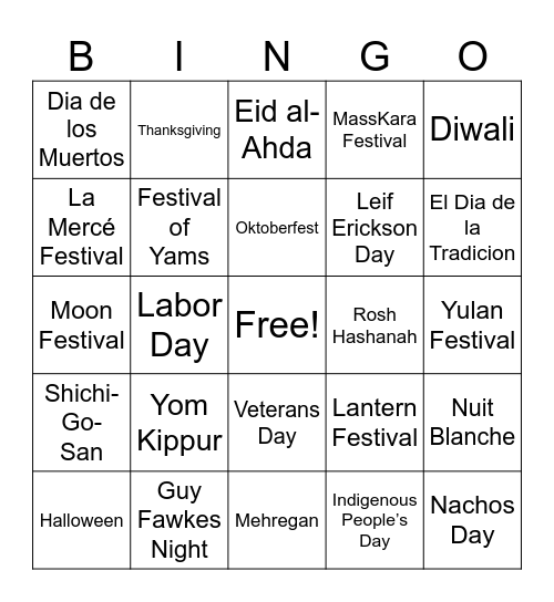 Fall Holidays and Festivals Bingo Card