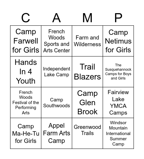 Anne Shore Camp Fair Bingo Card
