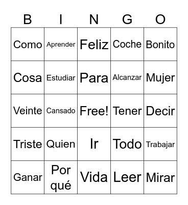 Spanish bingo Card