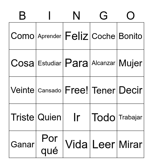 Spanish bingo Card