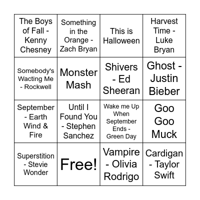 FALL MUSIC BINGO Card