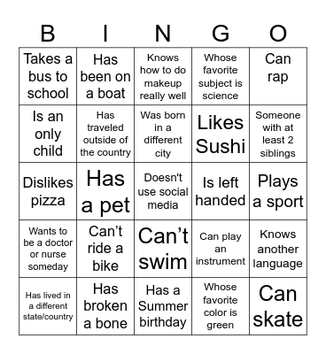 Getting to Know You Bingo Card