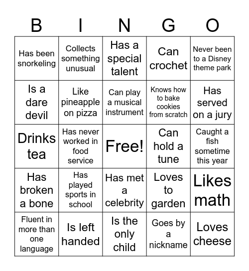 Getting to know you BINGO Card