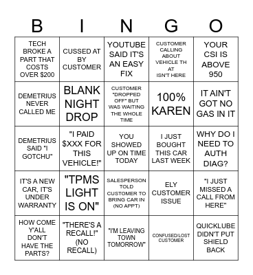SERVICE ADVISOR Bingo Card
