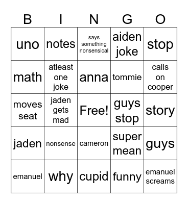 algebra bingo Card