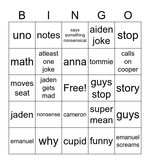 algebra bingo Card