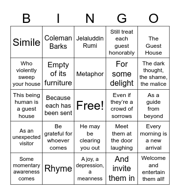 The Guest House Bingo Card