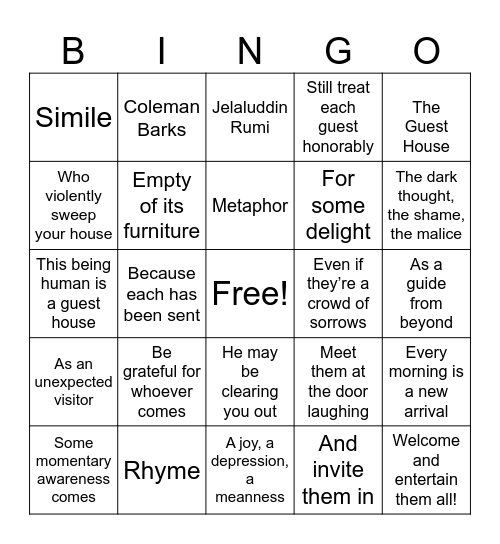 The Guest House Bingo Card