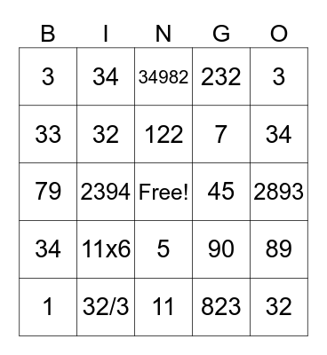 Division/Multiplication Bingo Card