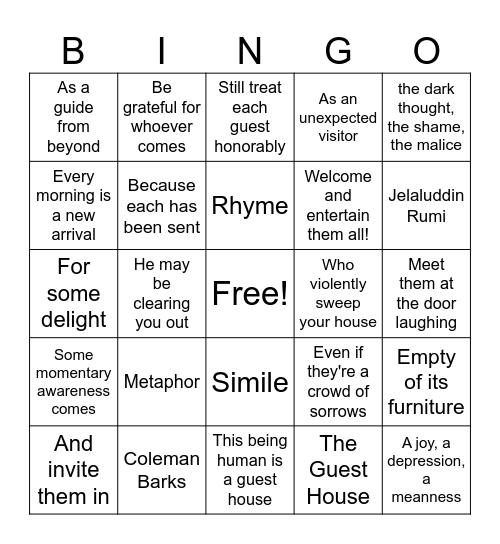 The Guest House Bingo Card