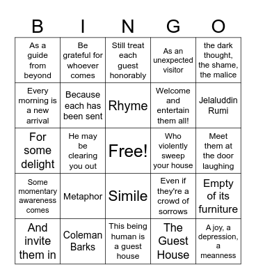 The Guest House Bingo Card