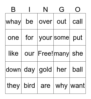 Sight words Review Bingo Card