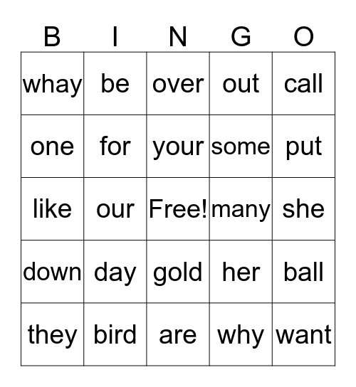 Sight words Review Bingo Card