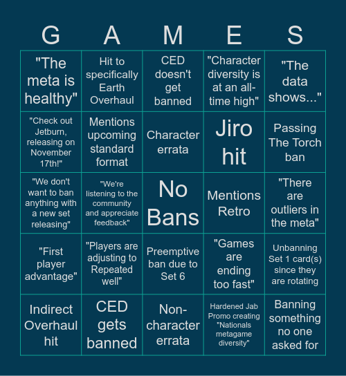 UVS Ban List 11/7/23 Bingo Card