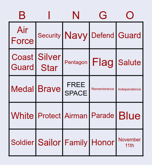 Bingo: Veteran's Day Edition Bingo Card