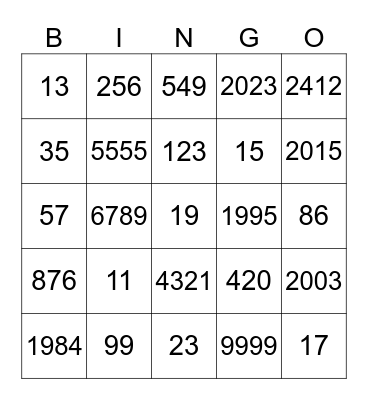 Bingo con números grandes Bingo Card
