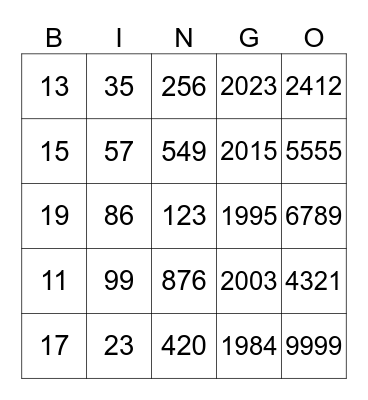 Bingo con números grandes Bingo Card