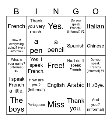 French 7/8 Greetings & Expressions of Courtesy Bingo Card