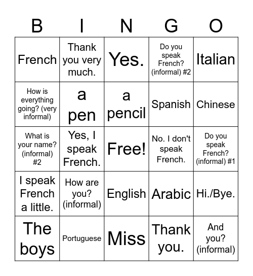 French 7/8 Greetings & Expressions of Courtesy Bingo Card