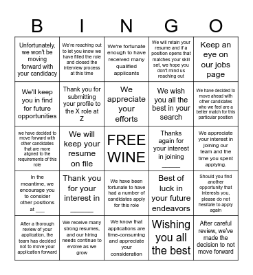 Automated Rejection EMail Bingo Card