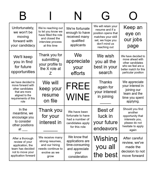 Automated Rejection EMail Bingo Card