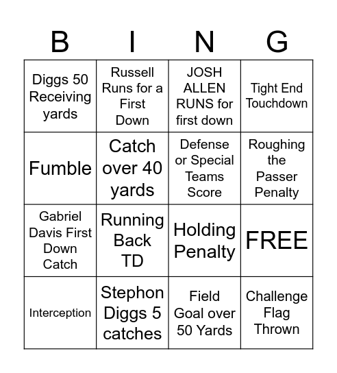 MNF Bingo Card