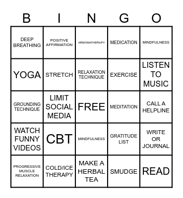 Coping Skills Bingo Card