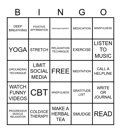 Coping Skills Bingo Card