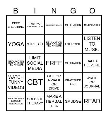 Coping Skills Bingo Card