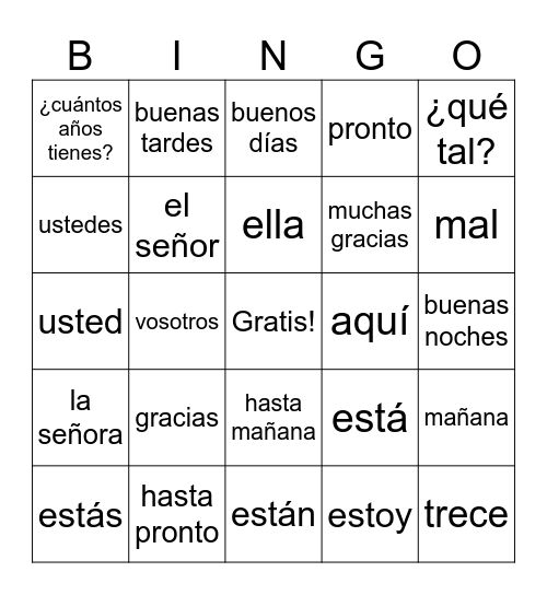 Unidad 1 Vocab B1 Bingo Card