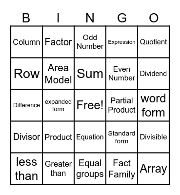 Math Vocabulary Bingo Card