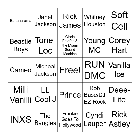 Boogie Down Bingo 80’s Pop/Dance Bingo Card